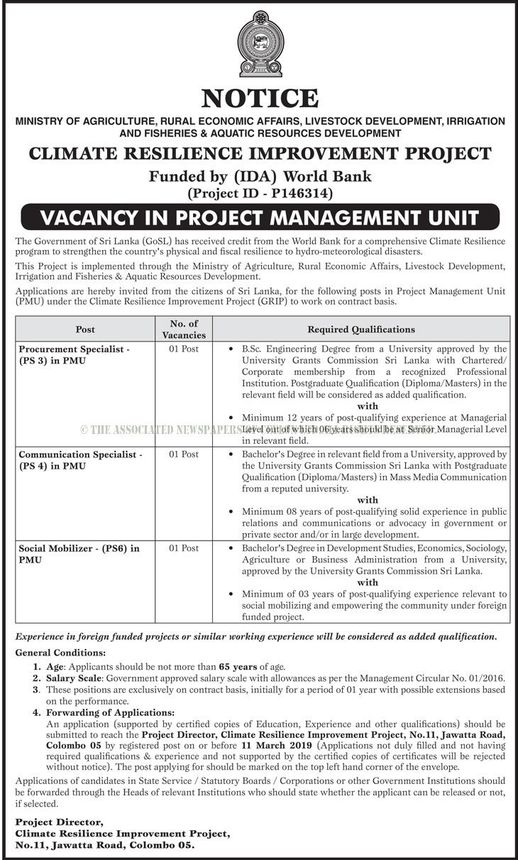 Procurement Specialist, Communication Specialist, Social Mobilizer - Ministry of Agriculture, Rural Affairs, Livestock Development, Irrigation & Fisheries & Aquatic Resources Development